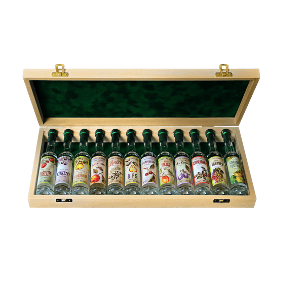 12 Mini Premium bottles of Palinka in the Wooden Box